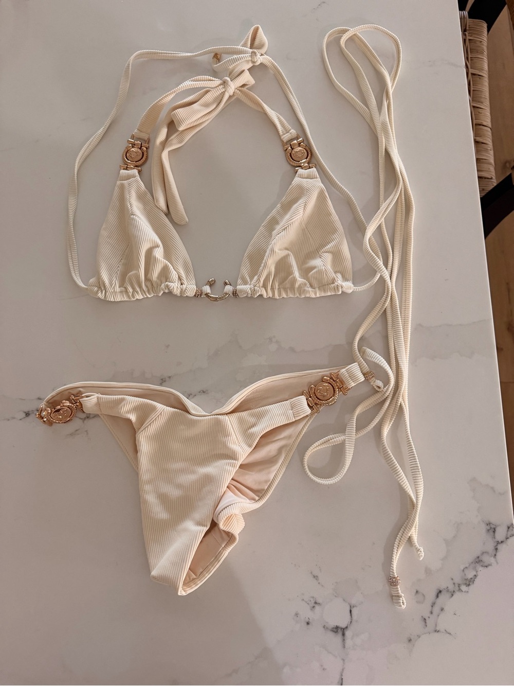 Bikini Crush Cream Ribbed Triangle Bikini Set with Gold Accent Hardware